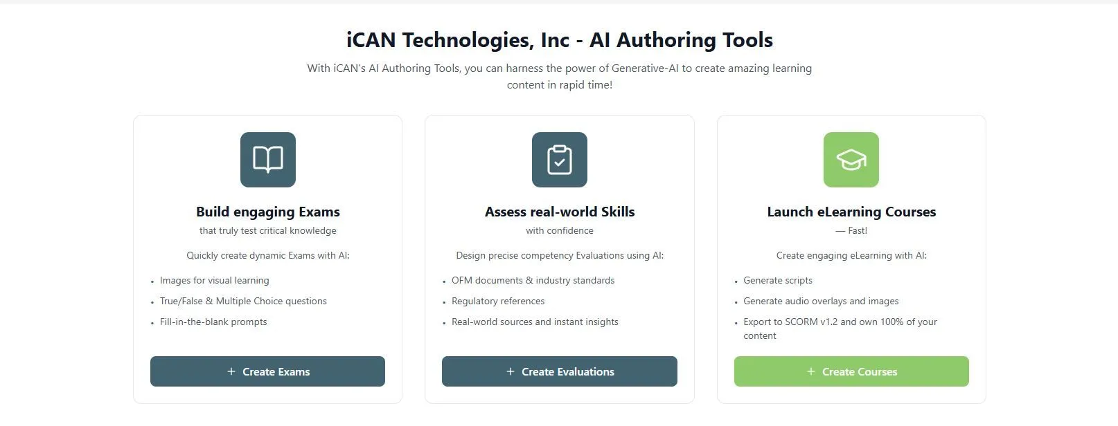iCAN AI Authoring Tools for building exams, assessing real-world skills, and launching eLearning courses