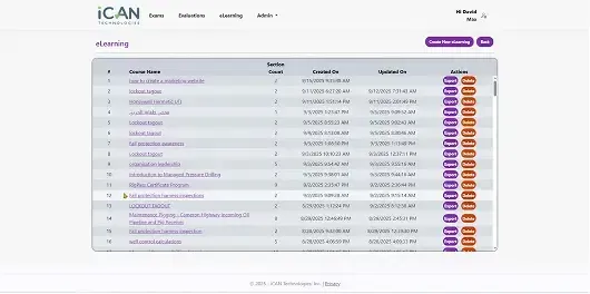 iCAN eLearning course management dashboard for delivering and tracking technical training
